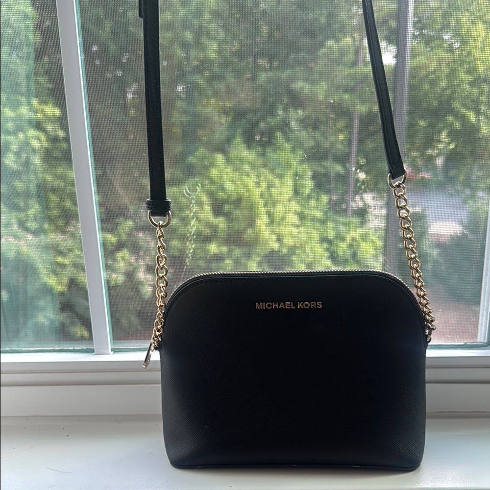 Michael Kors Cindy Black Dome Crossbody with Gold Chain